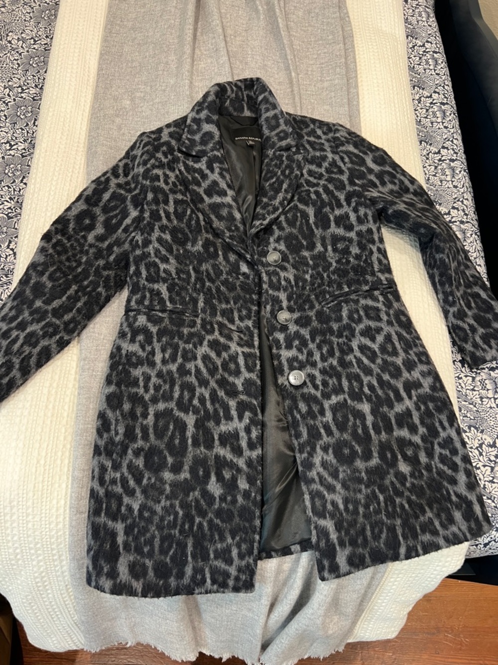 Banana Republic Black & Gray Leopard Print Pea Coat